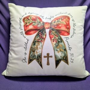 Faith-Inspired Holiday Bow Decorative Pillow - White with Red & Green Accents